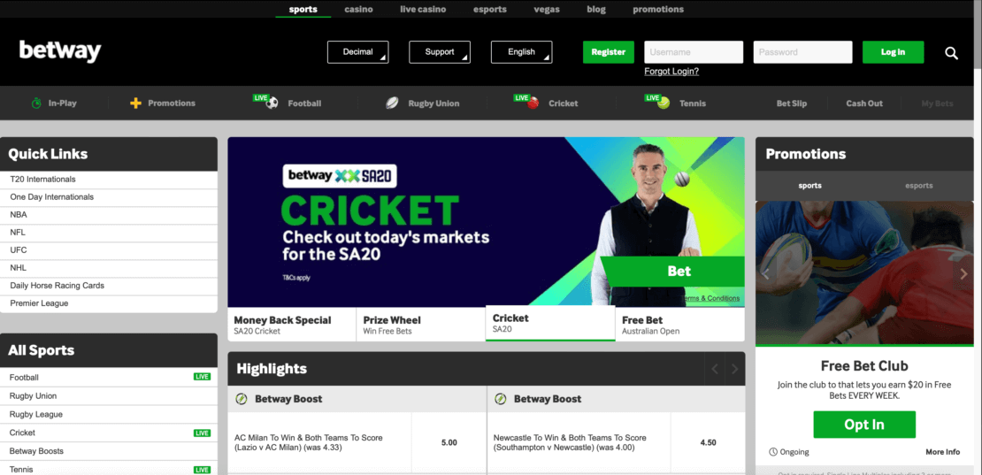 Betway sports betting markets